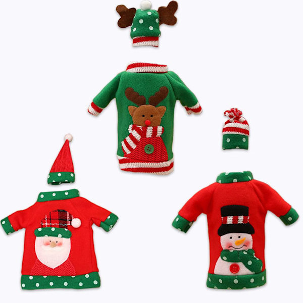 Stickade Vinflaskfodral, Tomte & Snögubbe, Set om 3