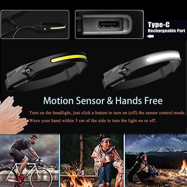 2 LED-hodelykter, sensorhodelykt, USB-ladehodelykt, IPX4 vanntett, svart