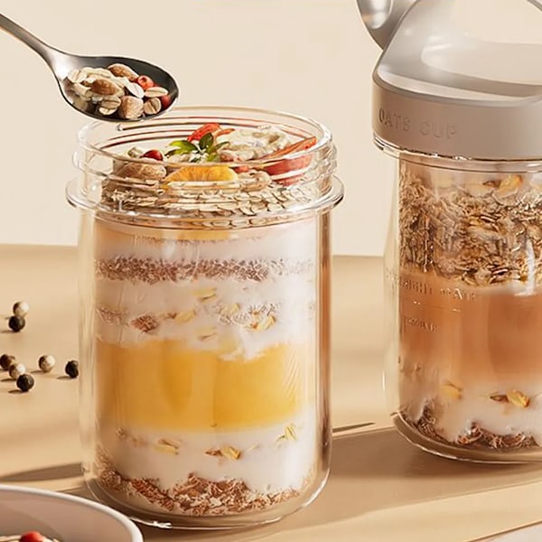 Overnattingsgrøtkopp, 430 ml müsli frokostkopp, yoghurtkopp med skje, müsli frokostkopp, müsli frokostkopp, grå