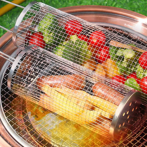 2 stk rullende grillkurv med håndtak, rullende grillkurv, utendørs grill grønnsaksgrill mesh rør, 30,5 cm
