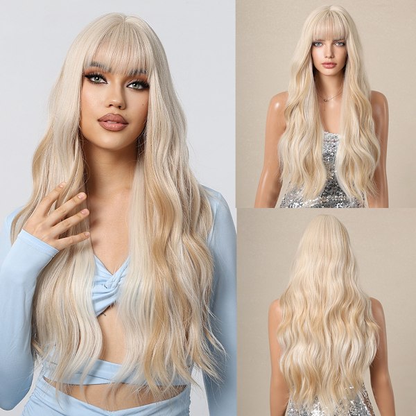 Qi bangs hvit blond Barbie stor bølge lang krøllete fluffy parykk