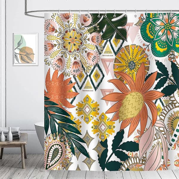 180×180 cm Dusjforheng med Blomster og Blader, Polyester, 12 Kroker