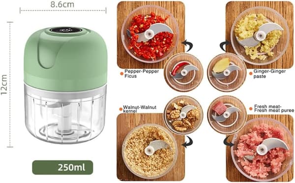Vitlökshackare med sked för att hacka vitlök, ingefära, örter, chili, köttfärs, lök, 250 ml liten USB-hackare