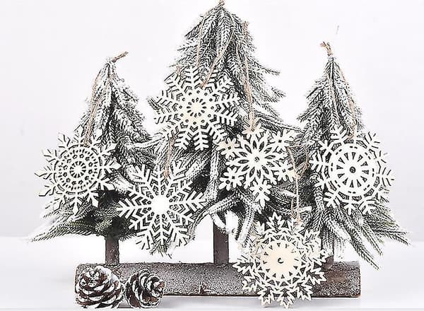 24 stykker snøfnuggpynt i tre, hule dekorasjoner til juletre, 10 cm
