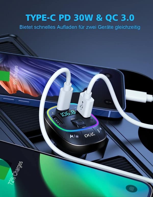 Bluetooth 5.0 FM-sändare – PD30W QC3.0 snabbladdning, dubbla mikrofoner, basförstärkning