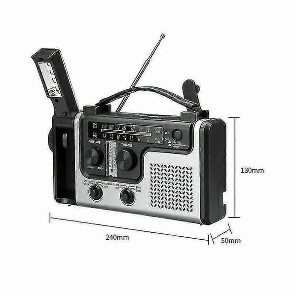 Solarradio med AM/FM-håndsving, SOS-nødtelefonoplader, LED-lommelygte, USB