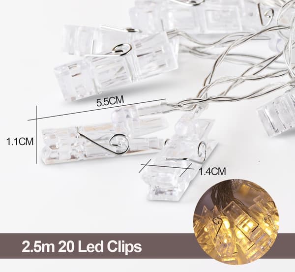LED lyslenke med 20 fotoklips (2,5 meter)