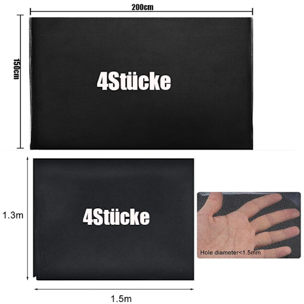 8 myggnät för fönster, 2 storlekar (130 x 150 cm, 150 x 200 cm) flugnät för fönster, insektsskydd fönsternät (svart)