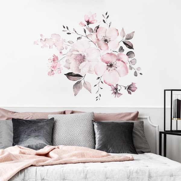 Akvarell rosa blomsterkule blader avtakbart veggklistremerke