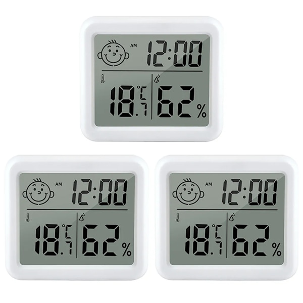 3-pack LCD digital termometer hygrometer med digital klocka för barnrum vardagsrum kontor kylskåp plus