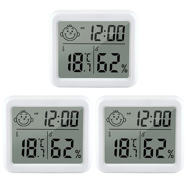 3-pakke LCD digitalt termometer hygrometer med digital klokke for babyrom stue kontor kjøleskap pluss