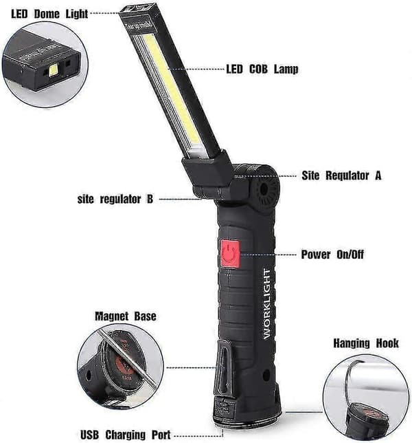 Genopladelig LED-arbejdslampe, magnetisk base, 5 tilstande, garage