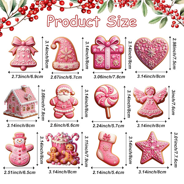 24-delt rosa pepperkake julepyntsett - juletrepynt