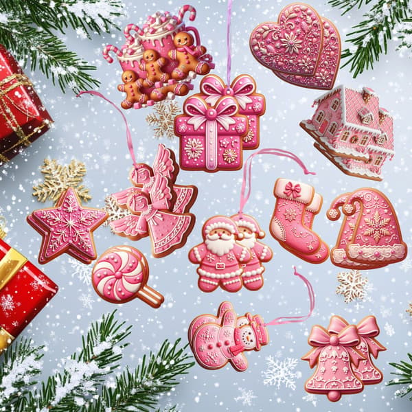 24-delt rosa pepperkake julepyntsett - juletrepynt