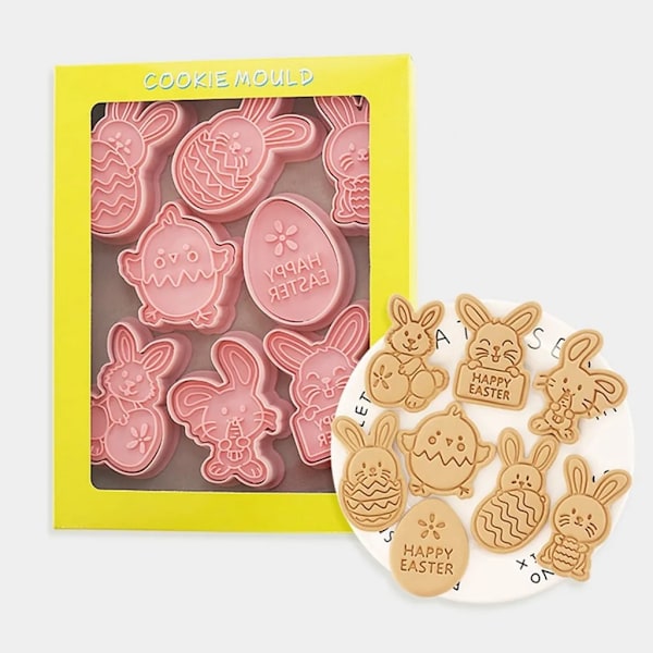 Cookie molds, 8 pieces, 3D plastic Easter egg stamp set, cookie molds, DIY baking