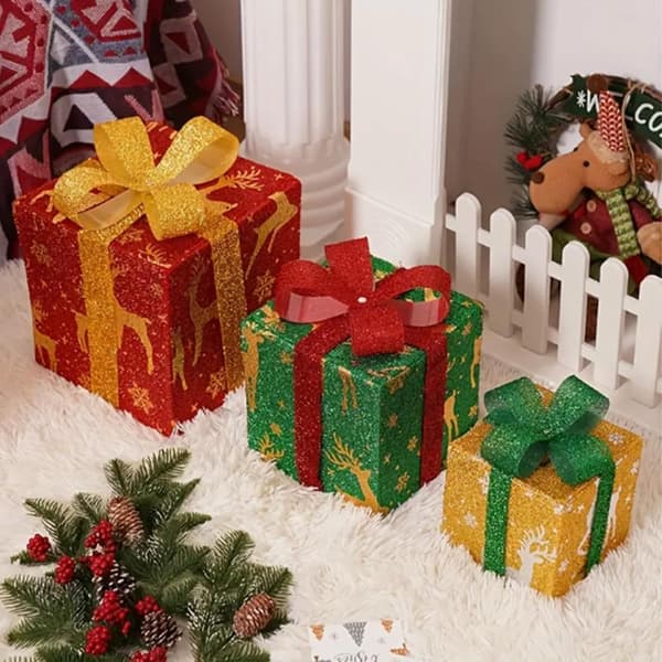 Glödande julklappsaskar, set om 3, Inomhus-/utomhusdekor
