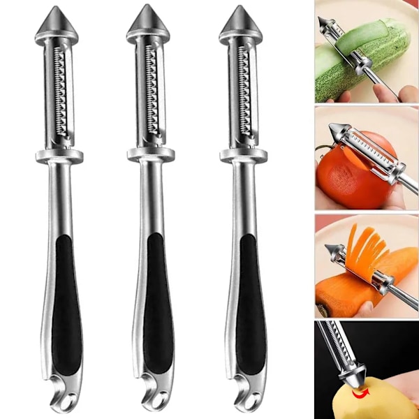 3x Skræller Skræller, 5 i 1 Rustfrit Stål Multifunktionel Grøntsagsskræller, Universal Kartoffelskræller til Frugt og Grøntsager, Flaskeåbner