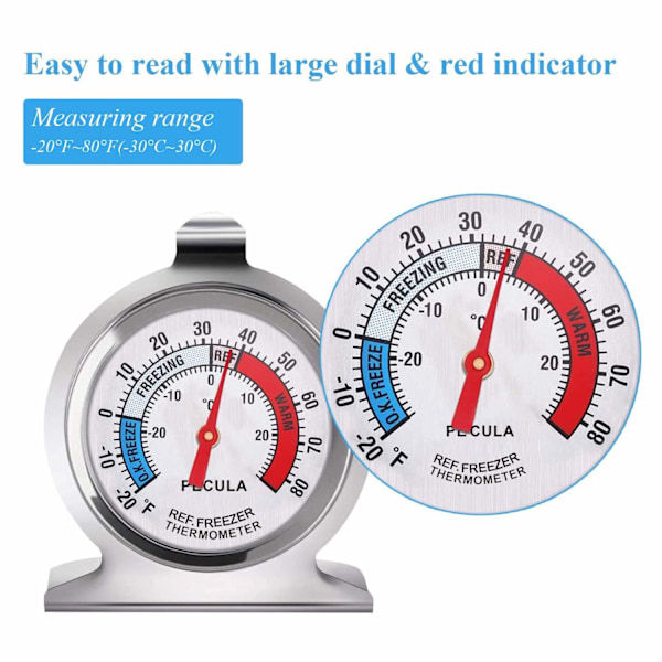 2-pakke kjøleskapstermometer, analogt termometer for kjøleskap med stor urskive og rød indikator