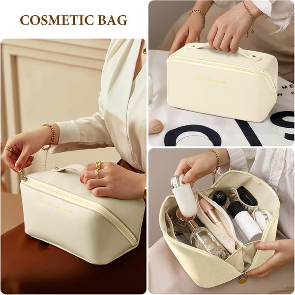 Off-White PU Reise Kosmetikkveske – Stor Lagdelt Vanntett Toalettmappe