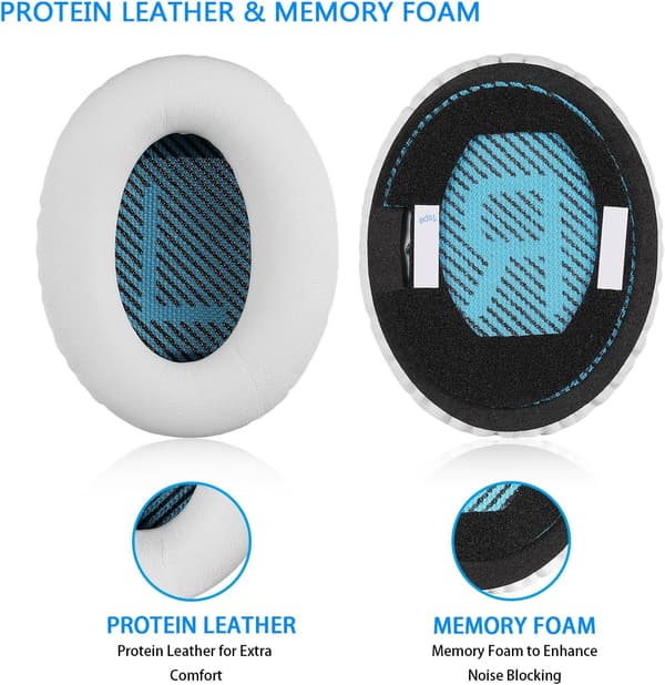 2x hvite øreputer, trådløse surround-øreputer for over-ear hodetelefoner