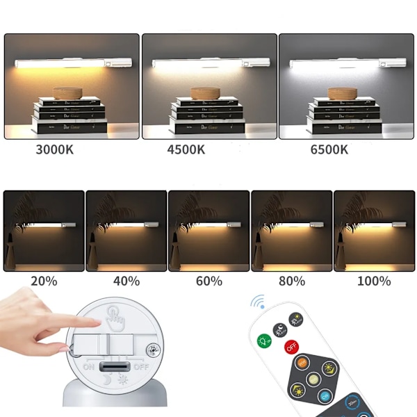 Trådløs LED-under-skap-lys, skaplys med bevegelsessensor, magnetisk lyslist skaplys med USB-ladefunksjon, fjernkontroll