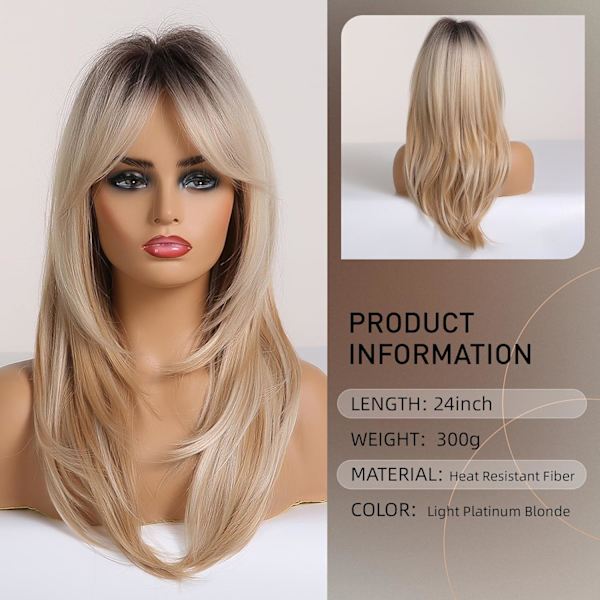 Blond, lockig, axellång damperuk med lugg, 61 cm