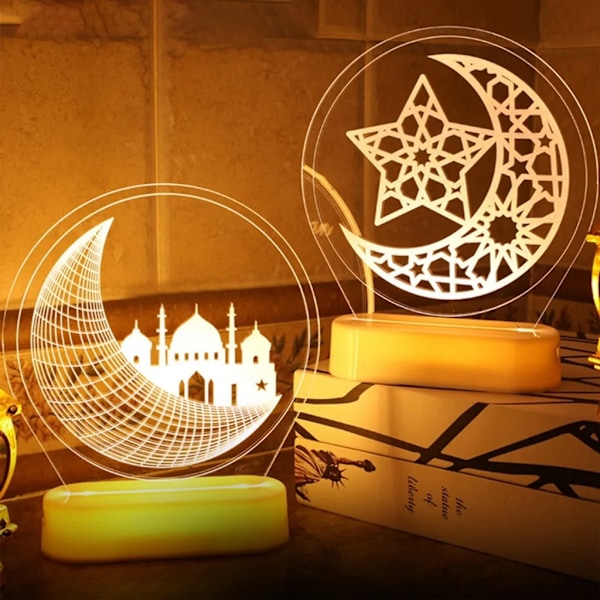 3D Ramadan Dekoration Lanterne Lys Islam Dekoration Lampe Natlys Gaver Varm Hvid