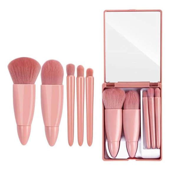 Bærbar lyserød mini makeup børste med spejl og etui