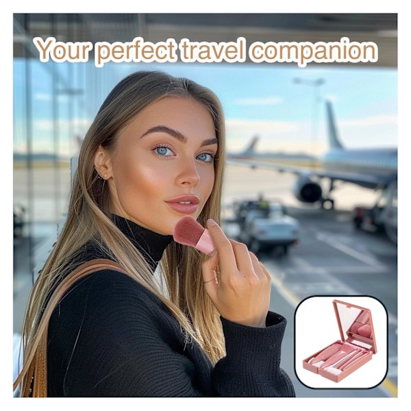 Bærbar lyserød mini makeup børste med spejl og etui