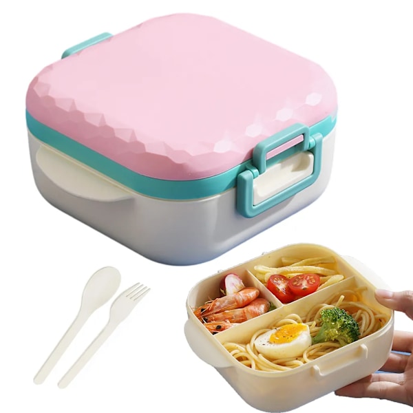 Portable Plastic Lunch Box Children's Bento Box Food Container with Cutlery 3 Compartments Pink