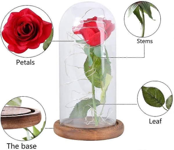 Evig Ros, Elegant Glaskupol, LED-ljus med Bas av Furuträ, Evig Blomma, Julklapp, Skrivbordsdekoration