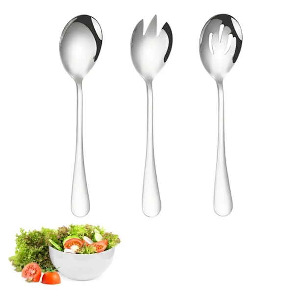 3-delt salatbestiksæt, salatske og -gaffel, rustfrit stål, salatske og -gaffel, tåler opvaskemaskine (sølv)
