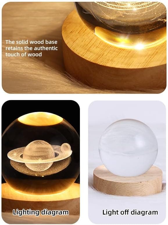 Krystallkule Nattlys, LED Transparent Krystallkule Lys med Trebase, Egnet for Bursdagsgaver - 6CM