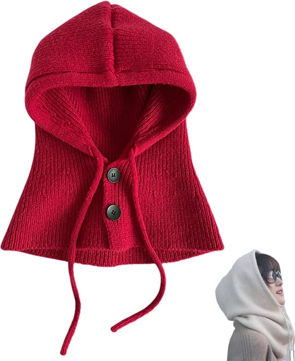 Kvinners Vinterlue Strikkede Hette Skjerf Balaclava (Rød)