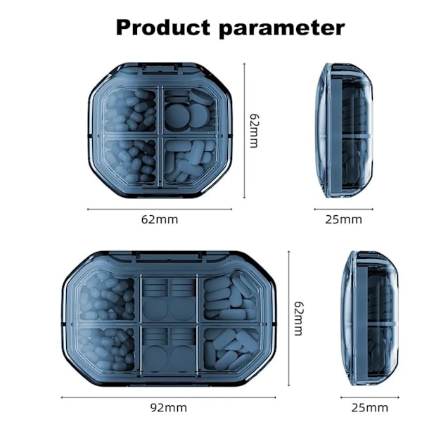 Pilleboks liten 4 rom + 6 rom, Reise pilleboks oppbevaringspose Bærbar pilleboks skillevegg Fuktsikker pilleboks, Blå