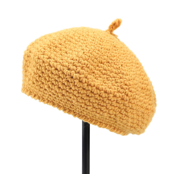 Vinterstrikket beret dame varm hat gul