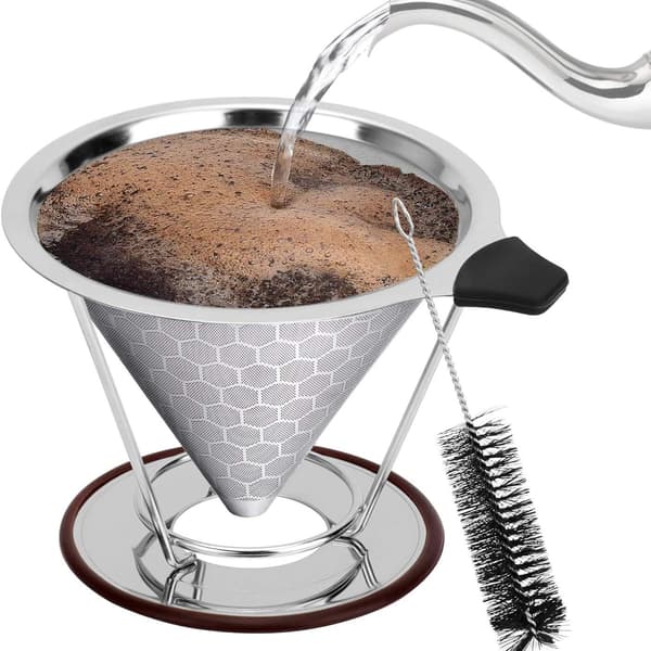 Rustfri Papirløs Kaffefilter – Dobbelt-Mesh Manuel Drypkegle m/ Silikonegreb