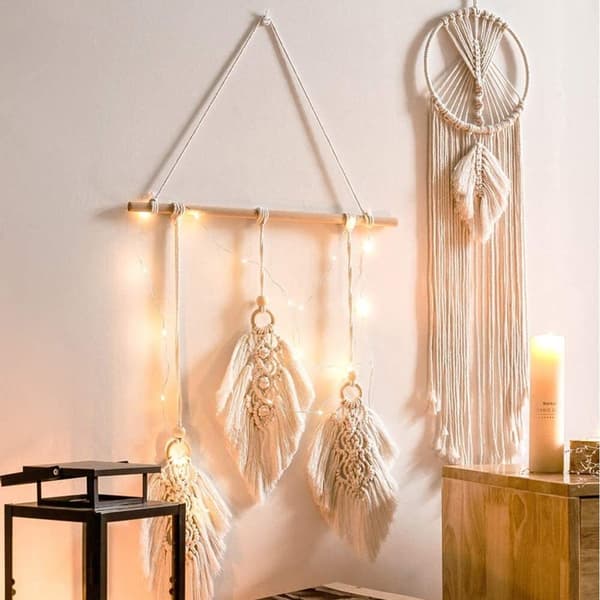Boho Spets Väggbonad, Handgjord Fjäder/Löv Tapestry för Sovrum/Vardagsrum