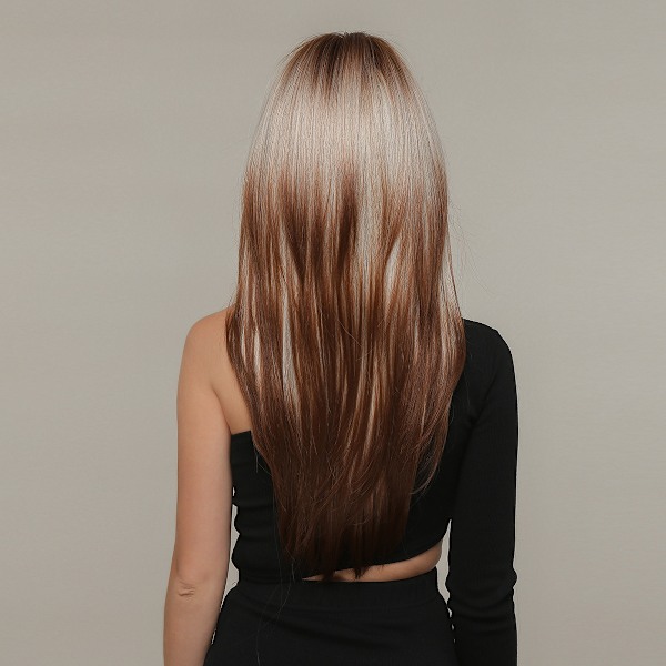 Damer Platina Gradient Brun Lang Rett Lagdelt Parykk