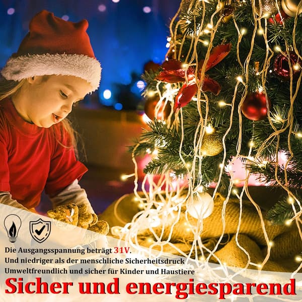 200-LED 10M Varmhvite Istapplys, 8 Moduser IP44 Plugg for Jul/Fest