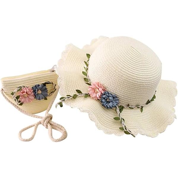 Barnblommig solhatt med spetskant och strandväska