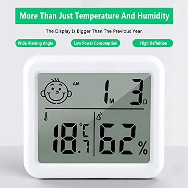 3-pakke LCD digitalt termometer hygrometer med digital klokke for babyrom stue kontor kjøleskap pluss