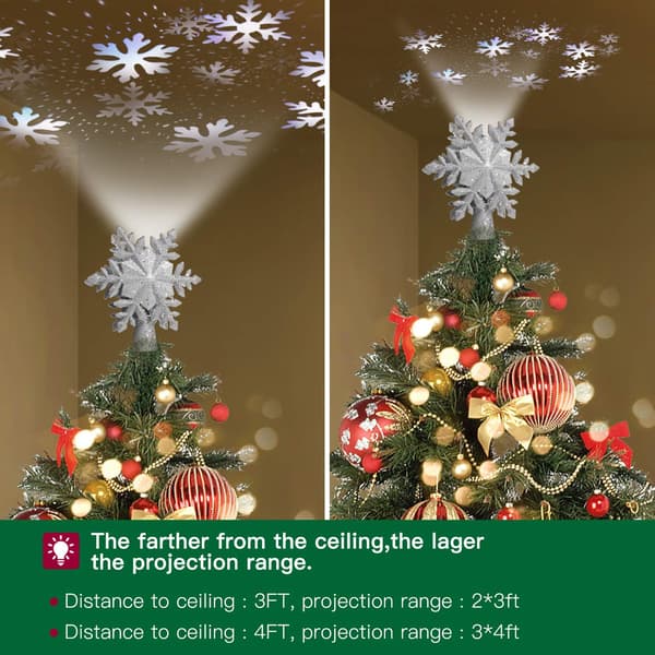 Silver LED Roterande Snöflinga Trädtopp – 3D Ihålig Julprojektion