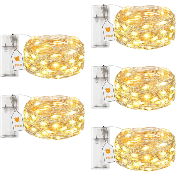 5-pak LED Fe-lys med batteri og timer, 2m 20 LED miniature sølvtråd Fe-lys
