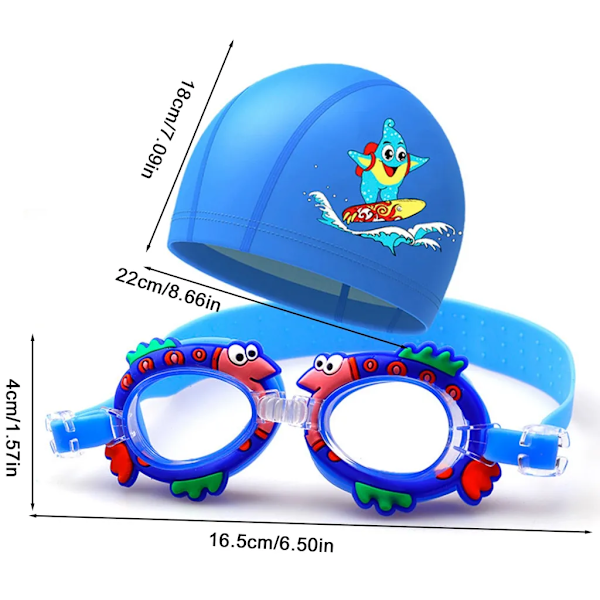 2-delt børnesvømmesæt med justerbare tegneseriesvømmebriller og UV-beskyttende elastisk svømmehætte