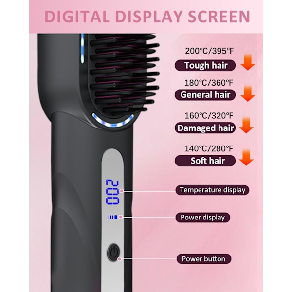 Sladdlös hopfällbar hårkam, justerbar temperatur