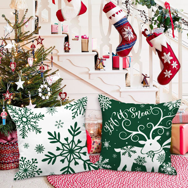 4-pack 45 cm Vit-Grön Snöflinga Kuddfodral – Jul Soffset