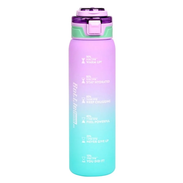 Drinking bottle, 1000ml sports water bottle with time markings, leak-proof drinking bottle, BPA-free for fitness/cycling/camping/running (purple)