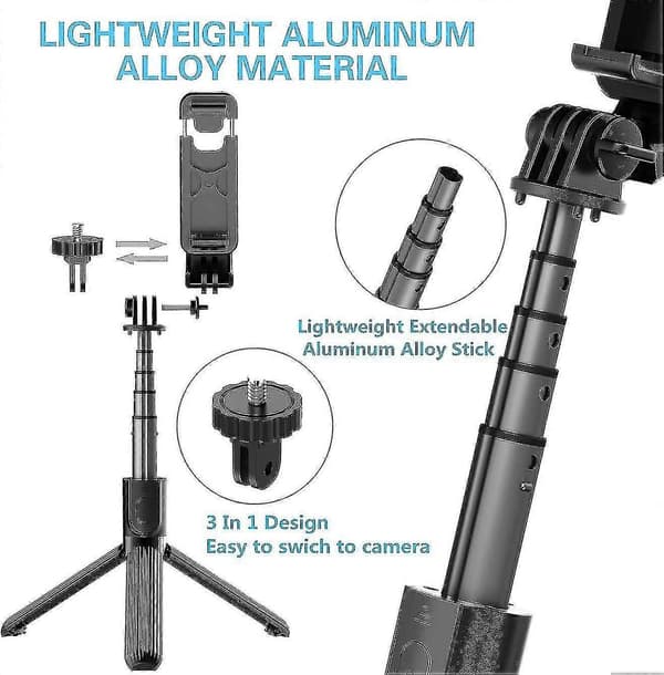 Selfie Stick Tripod, Rustfrit Stål, Fjernbetjening, iPhone/Android