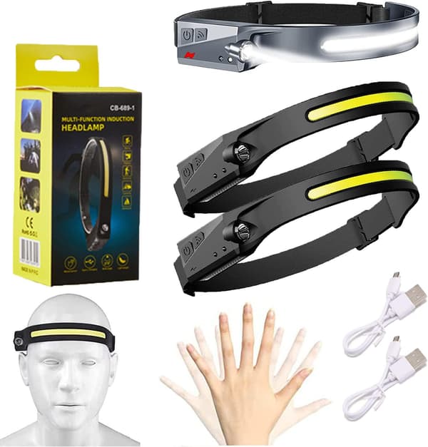 2 LED-forlygter, sensor-forlygte, USB-opladelig forlygte, IPX4 vandtæt, sort